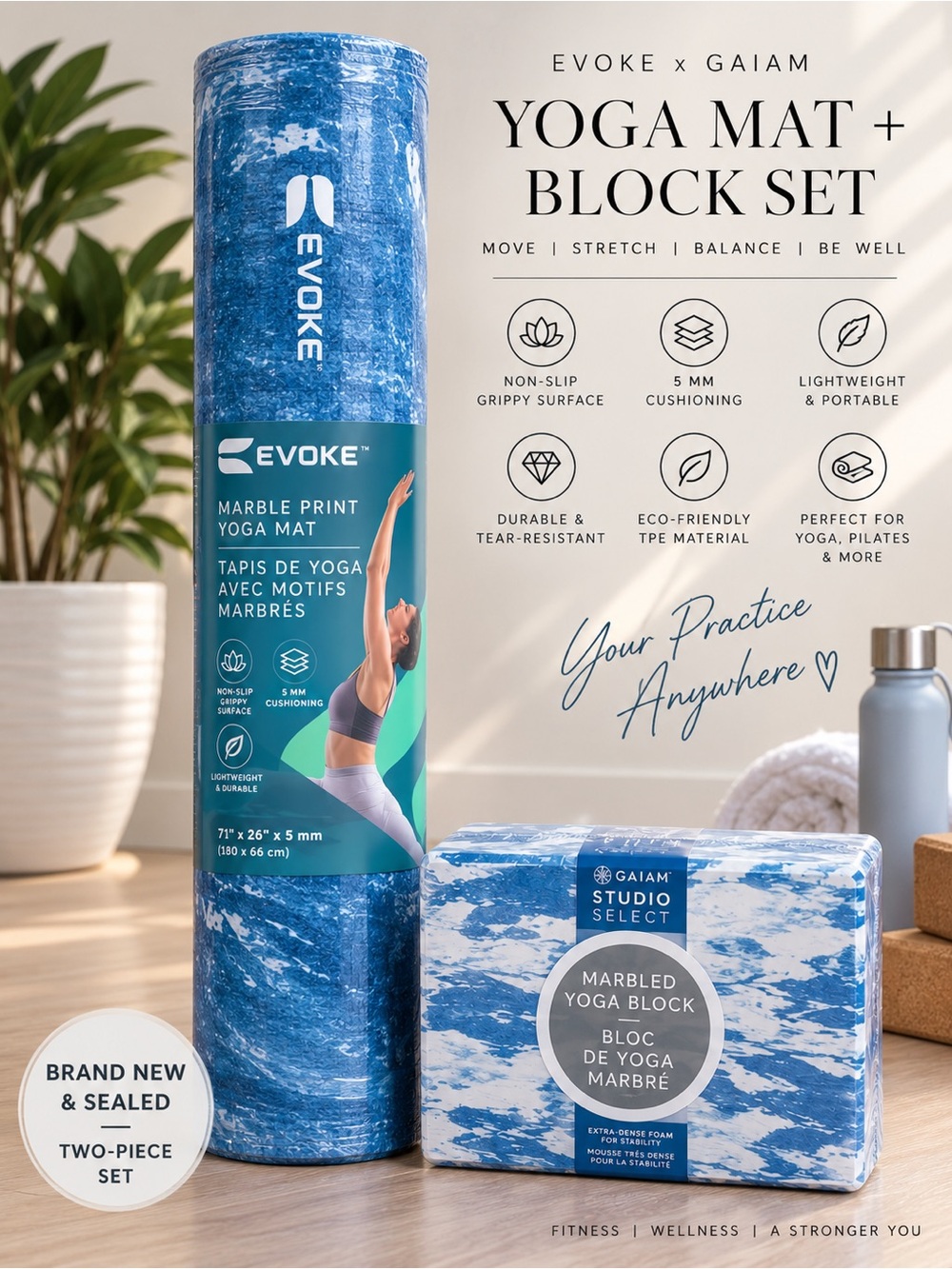Set: NEW EVOKE Marble Yoga Mat + Gaiam Yoga Block | Blue